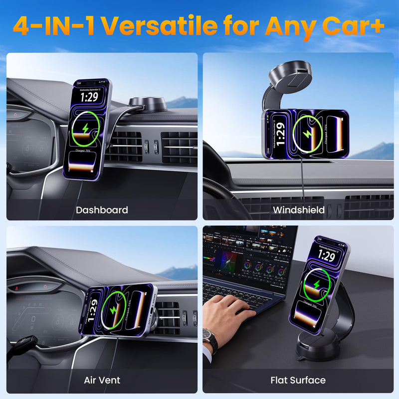 Upgrade for Qi2.2 25W for MagSafe Wireless Car Charger Mount, Space Black | 2XFast Charging [90+LBS Safe Suction] Magnetic Phone Holder Dashboard Windshield Vent for iPhone 17/16/15/14/13/12 Pro Max