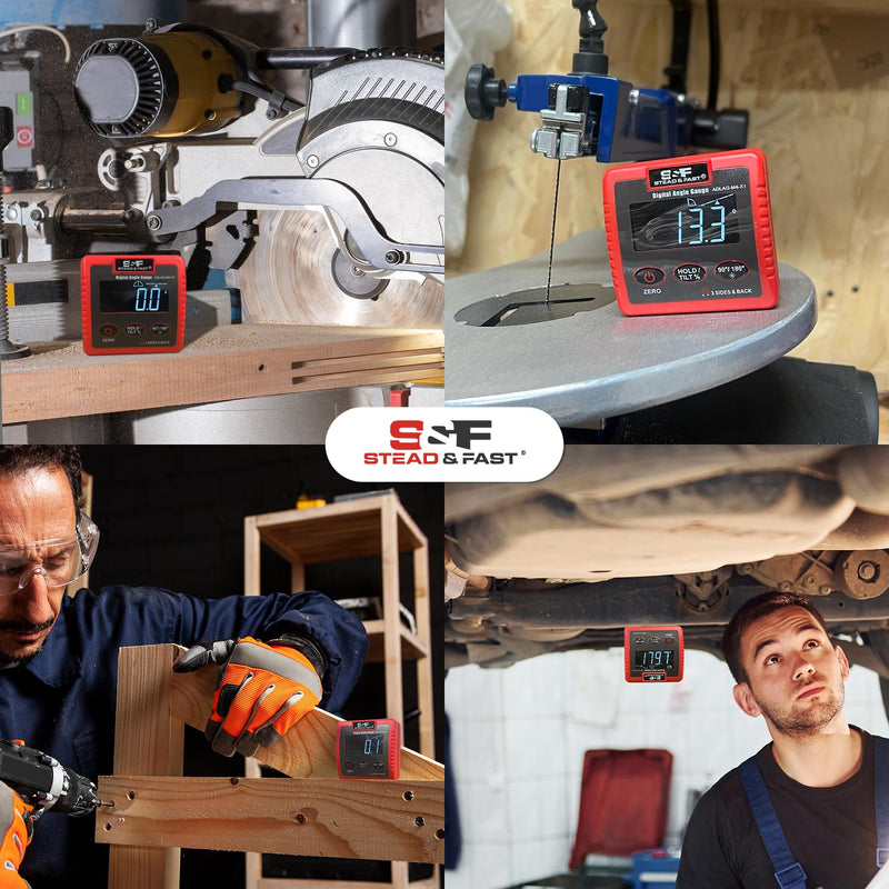 S&F STEAD & FAST Digital Angle Finder Magnetic with Extra Large LCD Display | 4-Sided Strong Magnet, V-GROOVE, Adjustable auto power-off, Auto‑invert display, Laser, Case, for Table Saw & Electrical Work