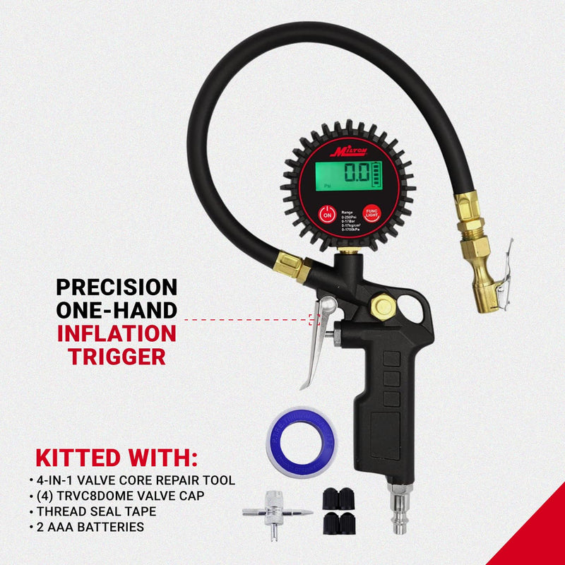 Milton 507KIT Digital Tire Inflator Car Accessories w/Accurate Air Tire Pressure Gauge, 14” Rubber Air Hose – 250 PSI, Brass Lock-On Clip Air Chuck and Compressor Accessories