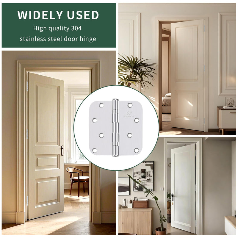 304 Stainless Steel 4 Inch Door Hinges Brushed Satin Nickel Interior Hinges 5/8" Radius Corners 3.5'' Ball Bearing Silver Door Hinges- 3 Pack
