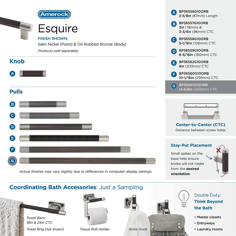 Amerock | Cabinet Pull | Satin Nickel/Oil-Rubbed Bronze | 12-5/8 inch (320 mm) Center-to-Center | Esquire | 1 Pack | Drawer Pull | Drawer Handle | Cabinet Hardware Satin Nickel/Oil Rubbed Bronze