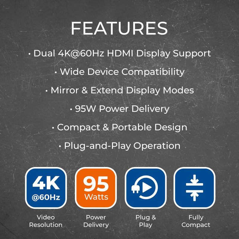 OREI SplitXtend USB-C to Dual HDMI Adapter 4K 60Hz – Dual Monitor USB C Hub with 95W Power Delivery, USB-C DP Alt Mode & Thunderbolt 3/4 Compatible, HDMI Adapter for Windows & MacOS