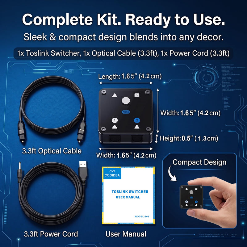 2 in 1 Out Optical Audio Switcher with Auto-Switching, Toslink 2x1 | Ideal for home theaters & gaming. Connect PS5 & TV to Soundbar. 0.3s auto-switching with no remote needed. Supports Dolby