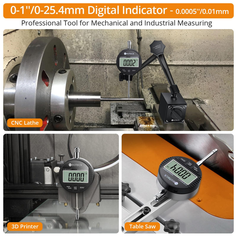 Neoteck Electronic Digital Dial Indicator Gage Gauge 0-1 Inch/25.4 mm Inch/Metric Conversion Auto Off Featured Measuring Tool for 3D Printer Leveling, etc. - Black 0-1''/0.0005''