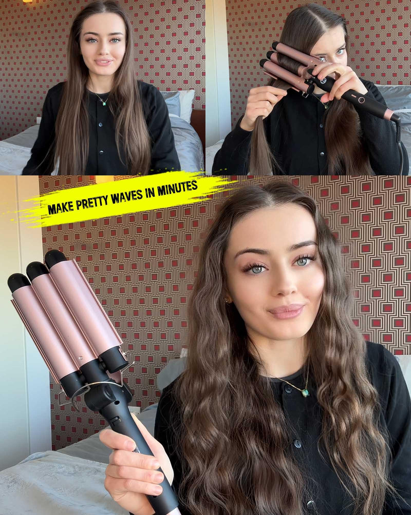 3 Barrel Hair Curler, 25mm Ceramic Tourmaline Hair Curling Iron Waver Wand with LCD Temperature Display, Fast Heating Foldable Crimpers for Travel (Gold) Gold