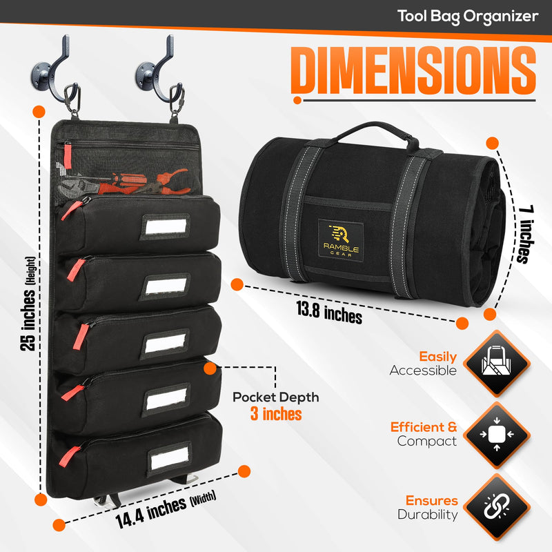 Roll up tool bag with Carabiners - 5 Large Oversized Pockets with Labels-Tool roll bag organizer - Canvas foldable tool Bag organizer | Tool organizer bag for Mechanic, Electrician & more Black