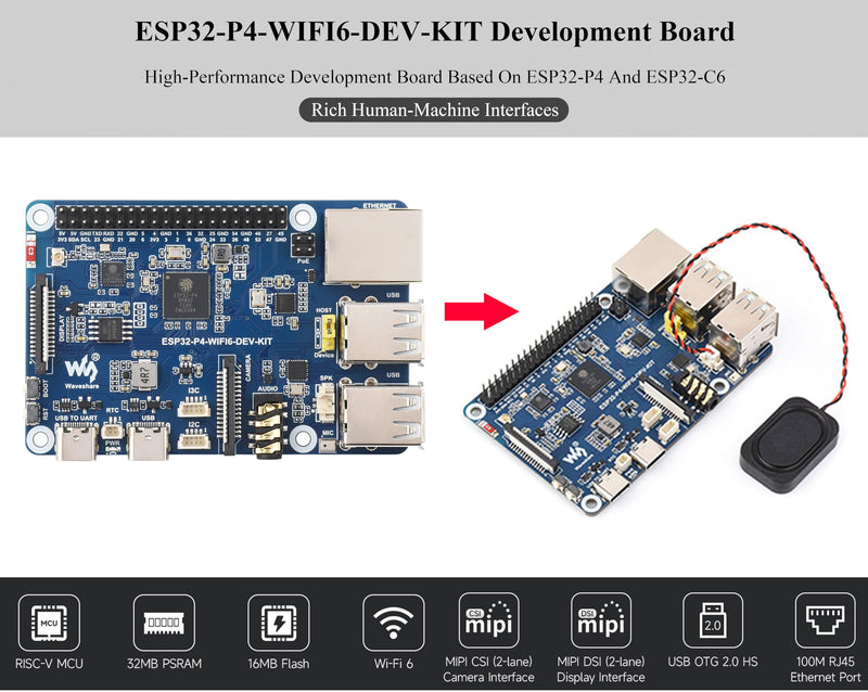 AI ESP32-P4-WIFI6-DEV-KIT Development Board, Based On ESP32-P4 and ESP32-C6, Supports Wi-Fi 6 and Bluetooth 5 / BLE 5, Rich Human-Machine Interfaces, Supports AI Speech Interaction, with Speaker