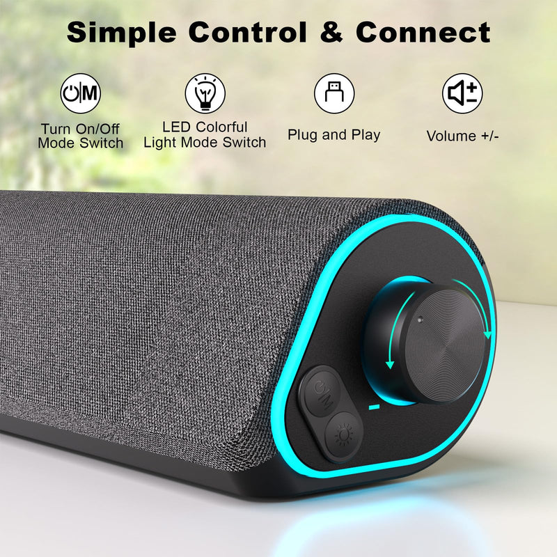SOULION R50 Bluetooth Computer Speakers, 3.5mm PC Sound Bar for Desktop Monitor, Wired USB Powered & Colorful LED Lights with Switch Button, Surround Sound Soundbar PC Spearkers for Computer Dark Grey