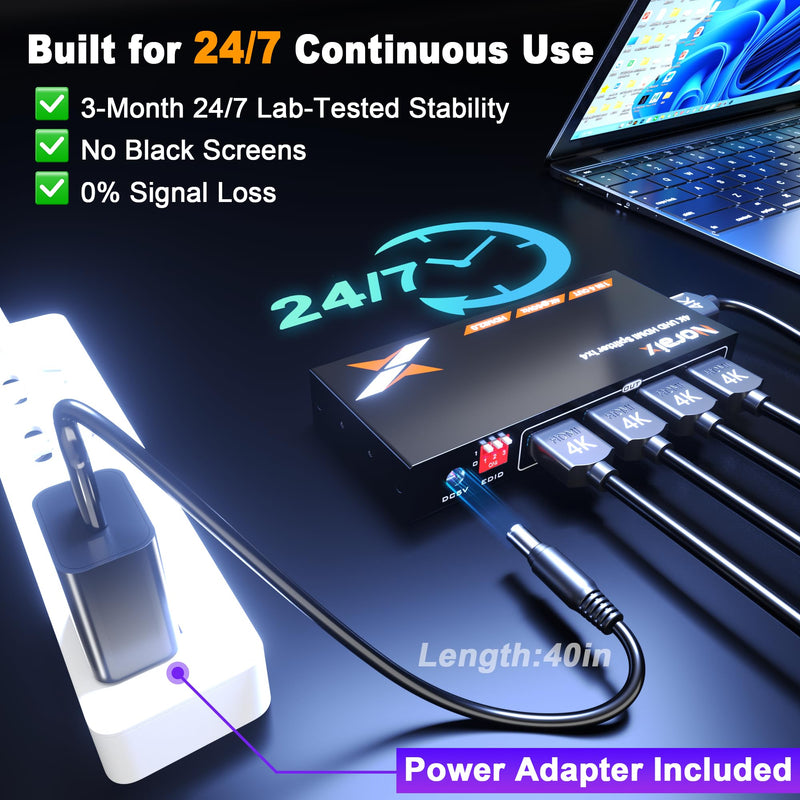 Uncompressed 4K HDMI Splitter 1 in 4 Out with EDID Management | Lossless 4K@60Hz UHD HDR HDMI 2.0 18Gbps , Zero Latency, HDCP 2.3, Plug and Play, for PS5, Fire Stick, HDTV...