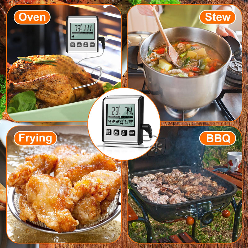 2 Pcs TP710 Digital Cooking Meat Thermometer, Large LCD Backlight Food Thermometer with Stainless Steel Probe and Timer for Kitchen Oven BBQ Grilling Deep Fry Smoker