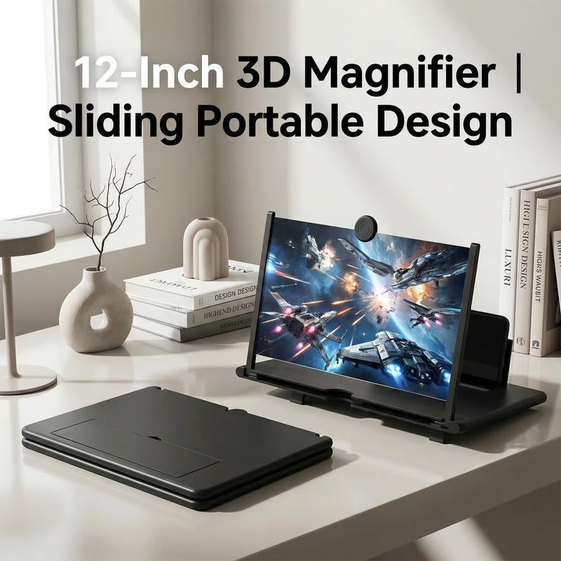 Magnifying Glass, 12 Inch High Definition Portable Screen Magnifier Foldable Sliding Design 3D HD Video Extender, Desktop Phone Holder for Movies Gaming and Phone Monitor Screen