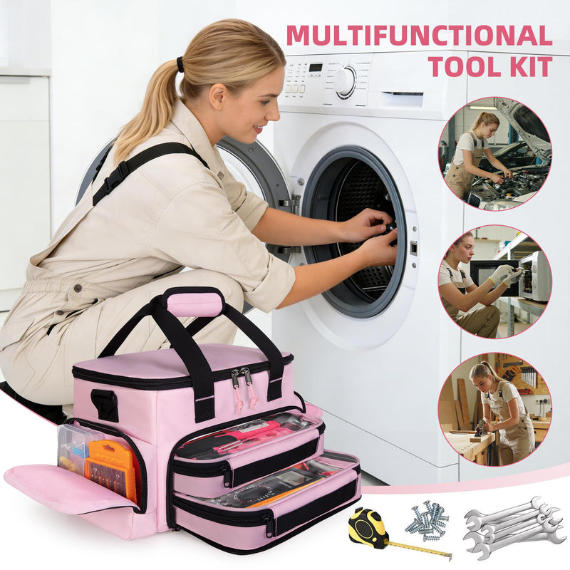 Pink Tool Bag for Women with 2 Clear Pouches, 12-inch Tool Storage Organizer, Double Layer Tool Box for Electrician, Carpenters, Repairman, Pink