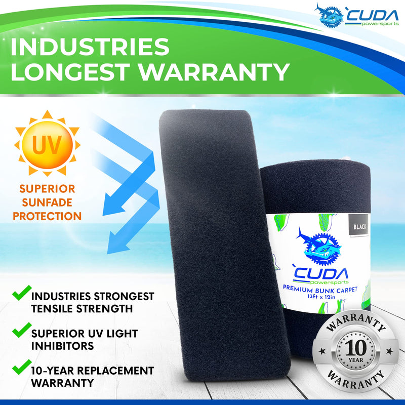 Cuda Boat Trailer Bunk Carpet 12 Inch Wide x 13ft-New Premium 30 Oz Roll- Cuda Bunk Carpet for Boat Trailers Parts Accessories Black Lift Runners Covers Waterproof 12in x 13Ft