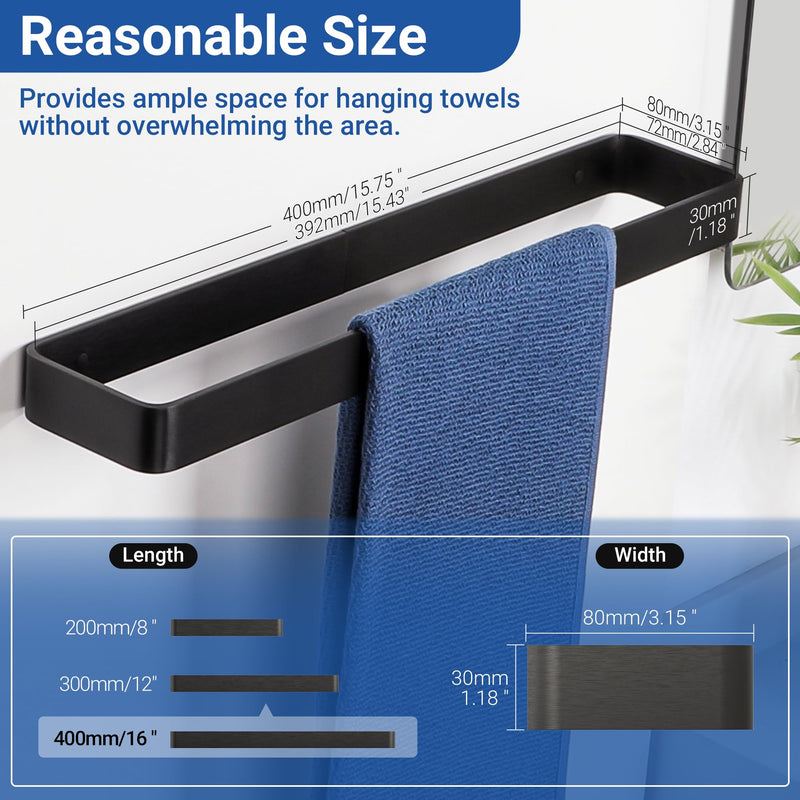 SAYAYO Matte Black Hand Towel Holder for Bathroom Wall, 16 Inch Self Adhesive Towel Bar Hand Towel Rack Square Heavy Duty
