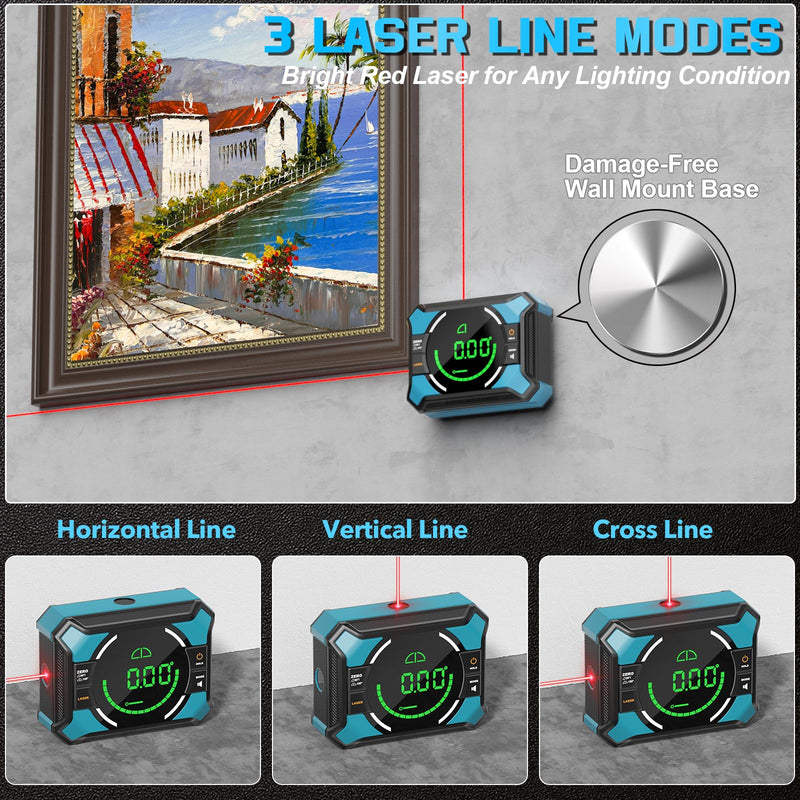 Laser Level with Digital Angle Finder - 3 in 1 Lazer Leveler Tool Digital Angle Gauge Wall Laser Level for Hanging Frames & Picture, Diy Project
