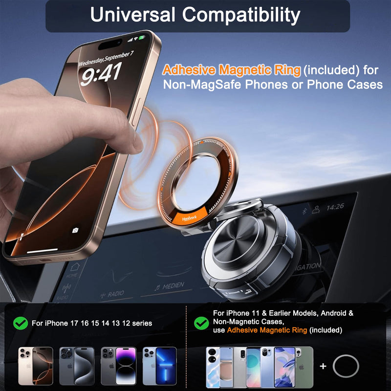 Magnetic Phone Mount, Car Phone Holder for MagSafe, Enhanced Vacuum Suction Cup, 360° Adjustable, Strong N52 Magnets, Zinc Alloy, Cell Phone Accessories for iPhone 17 16 15 14 13 12 Series, and More