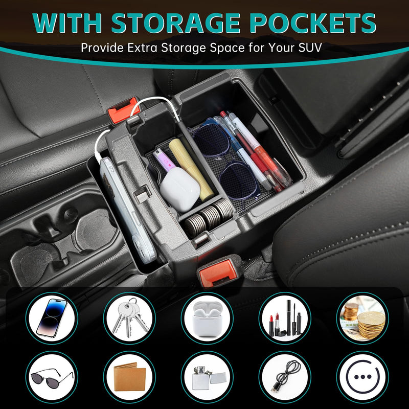 3PCS Center Console Organizer Combo Kit Compatible with 2018-2025 Jeep Wangler JL JLU 4XE Rubicon Sahara & Gladiator JT Accessories, Insert/Hanging Armrest Storage Box & Gear Shift Side Tray