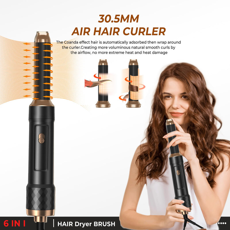 Airbrush 6 in 1 Hair Styler 6 in 1 Magic Styler 1000w Hair Dryer Brush | Magic Styler 60000rpm Hair Dryer Brush, L&R Airflow Hair Curler,Curl Straighten Wavy Smooth Multistyler Gifts 3 Temps Setting Creamblack