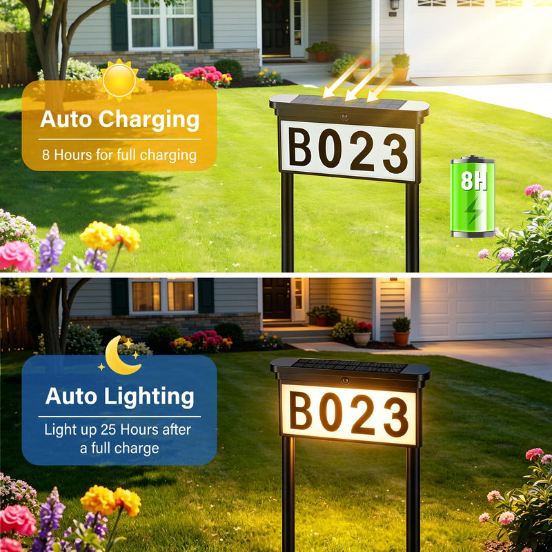 Solar Address Sign for Yard, Double-Sided Lighted House Numbers with 3 Color Modes, 3-in-1 Mounting (Stake、Wall or Mailbox), Waterproof LED Address Plaque, 4 Sets Numbers & Letters, 1 Pack