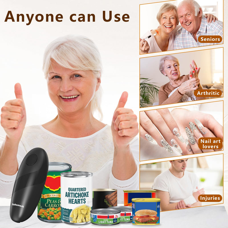 Electric Can Opener Smooth Edge, Battery Operated Kitchen Can Opener for Seniors with Arthritis, One Touch Side Cut Fits Most Can Sizes, Left-handed Friendly Black-Battery
