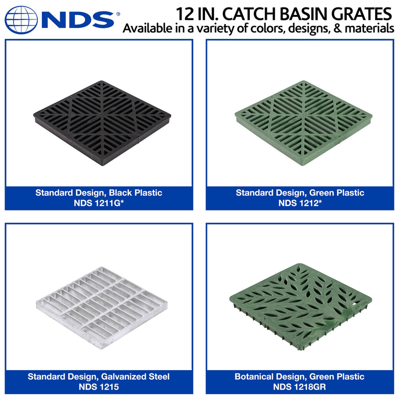 NDS 1212 Square Catch Basin Drain Grate, Diamond Design, Fits 12-Inch Catch Basin Drain, Risers and Low Profile Adapter, 12-Inch, Plastic, Green
