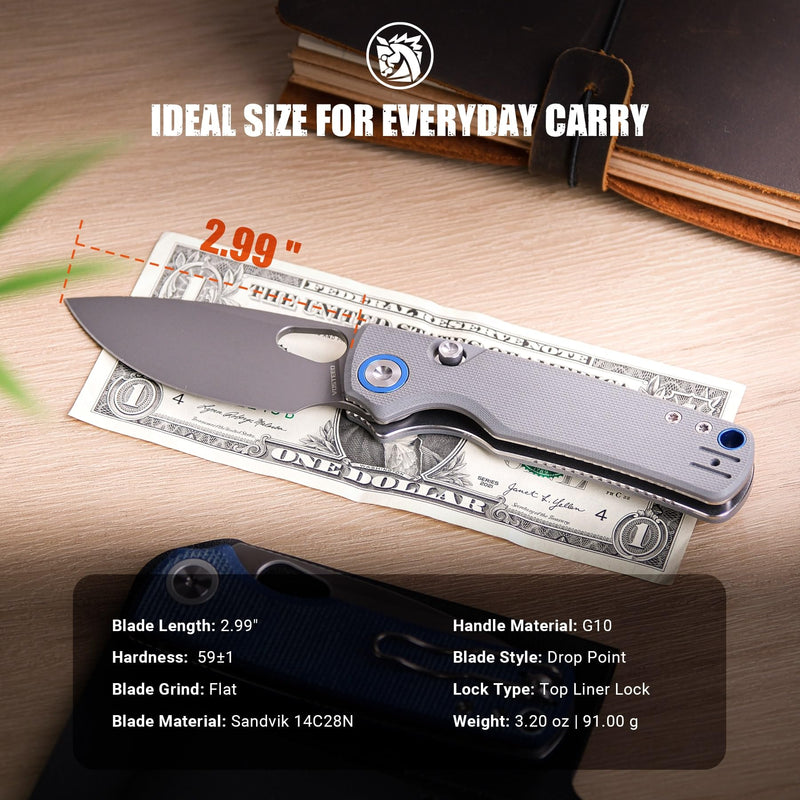 Vosteed Porcupine EDC Knife, 2.99" Sandvik 14C28N Steel Blade, Gray G10 Handle Top Liner Lock, Lightweight Folding Pocket Knives with Clip, Outdoor Camping Hunting Knife - A2607