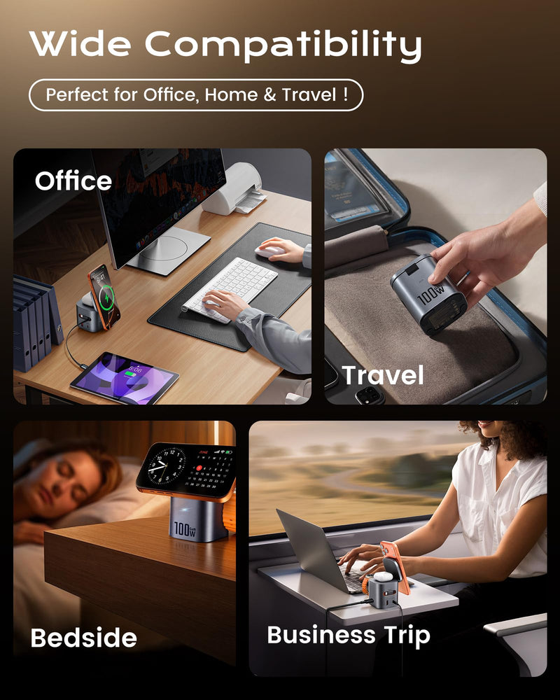 6-in-1 100W GaN Charging Station & 25W Qi2 Magnetic Stand for Apple/Samsung | With retractable USB-C cable. 25W magnetic Magsafe charge for iPhone 12-17 Pro Max/Air, Apple Watch, AirPods & Galaxy Watch Grey