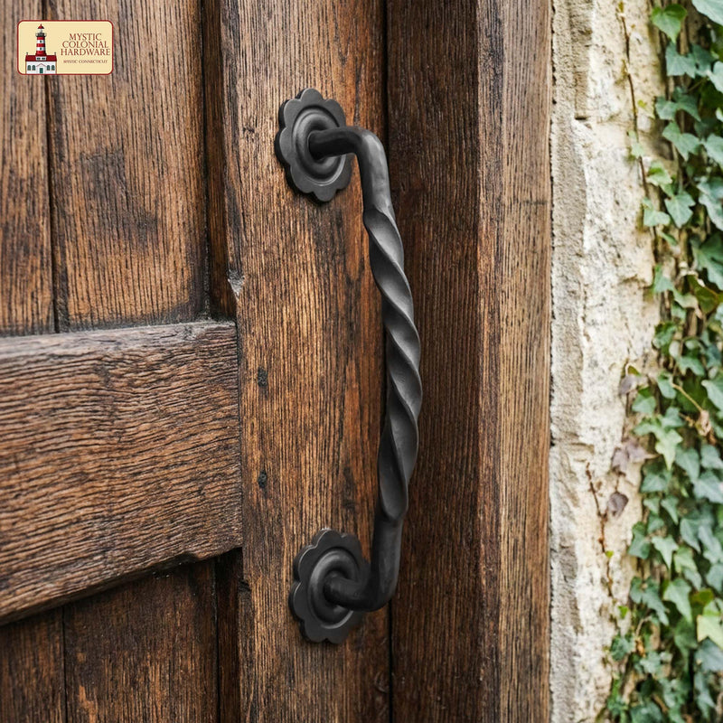 Mystic Colonial Cast Iron Twisted Barn Door Handle – 12 Inch Heavy Duty Black Pull for Gates, Cabinets & Sheds – Vintage Rustic Hardware 12.75 Inch Cast Iron Pull Handle