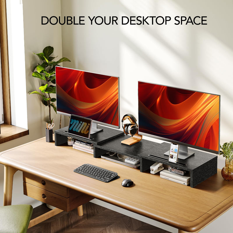 AMERIERGO Dual Monitor Stand Riser for 2 Monitors, Monitor Stand for Desk, Adjustable Computer Monitor Stand with 2 Slot, Multifunctional Desktop Organizer Stand for Laptop, PC, Computer, Printer Black