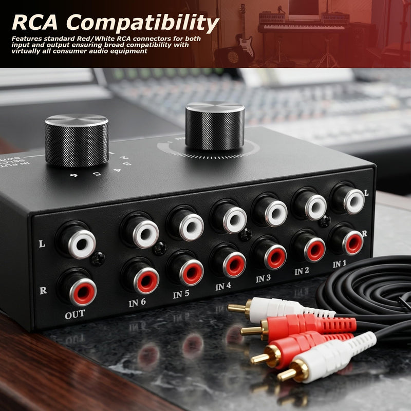 RCA Audio Switcher, 6 in 1 Out Audio Selector, 6 Channel Passive Stereo Selector Box, Metal Case, Plug-and-Play, Volume Control for Hi-Fi Systems