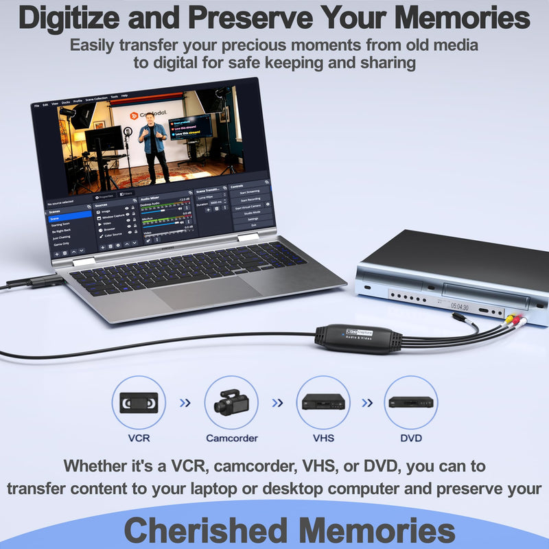 VHS to Digital Converter, RCA to USB Converter for VCR, Hi8, Mini DV, 1080P | Preserve Old Memories, Plug-and-Play, Transfer Home Videos to Computer, Popular Recording Software