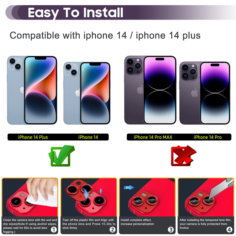 Suoman for iPhone 14/iPhone 14 Plus Camera Lens Protector,Premium Tempered Glass Metal Cool Camera Lens Protector for iPhone 14 6.1 inch /14 Plus 6.7 inch -Red Red