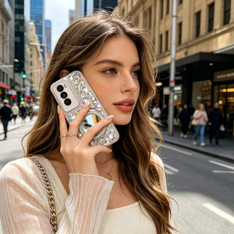 for Samsung Galaxy A57 5G Case with Sparkling Diamonds Clear | Luxury Bling Glitter Design with Magsafe Ring Kickstand and Mirror for Women