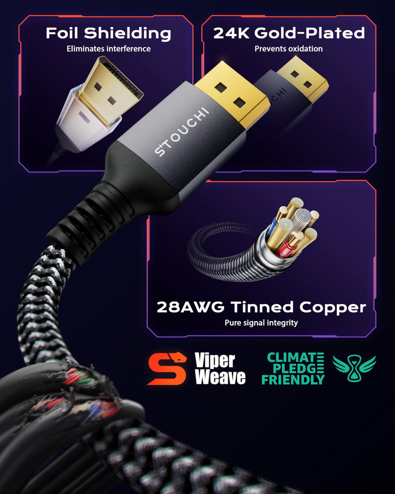 Stouchi DisplayPort 2.1 Cable 15FT, 54Gbps UHBR13.5 [16K 8K 4K@240Hz] Long Gaming Cord, DSC 1.2a, FreeSync G-Sync DP Cable, Snag-Free Shielded for RTX 5090, RX 7900, Monitor Grey