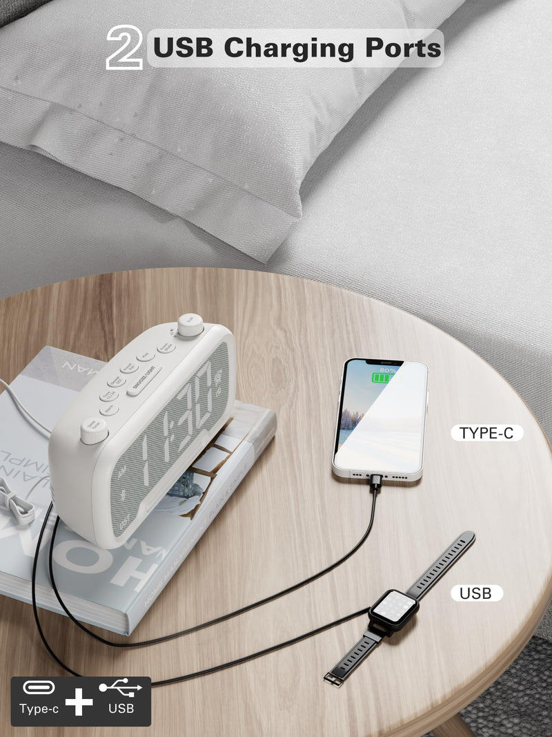 Mesqool Alarm Clock with Bluetooth Speaker, FM Radio, Alarm Clock for Bedroom with USB Chargers, Dimmer and 12/24H,Snooze,Battery Backup, Plugged in Clock Radio for Adult Kid White