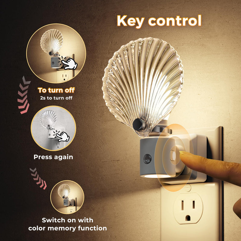 L LOHAS LED Night Light, Night Lights Plug into Wall, Shell Style Glass Nightlight Rotating, Dimmable Nightlights Plug in with Light Sensor, Soft White Nightlights for Hallway Bedroom Bathroom, 2 Pack
