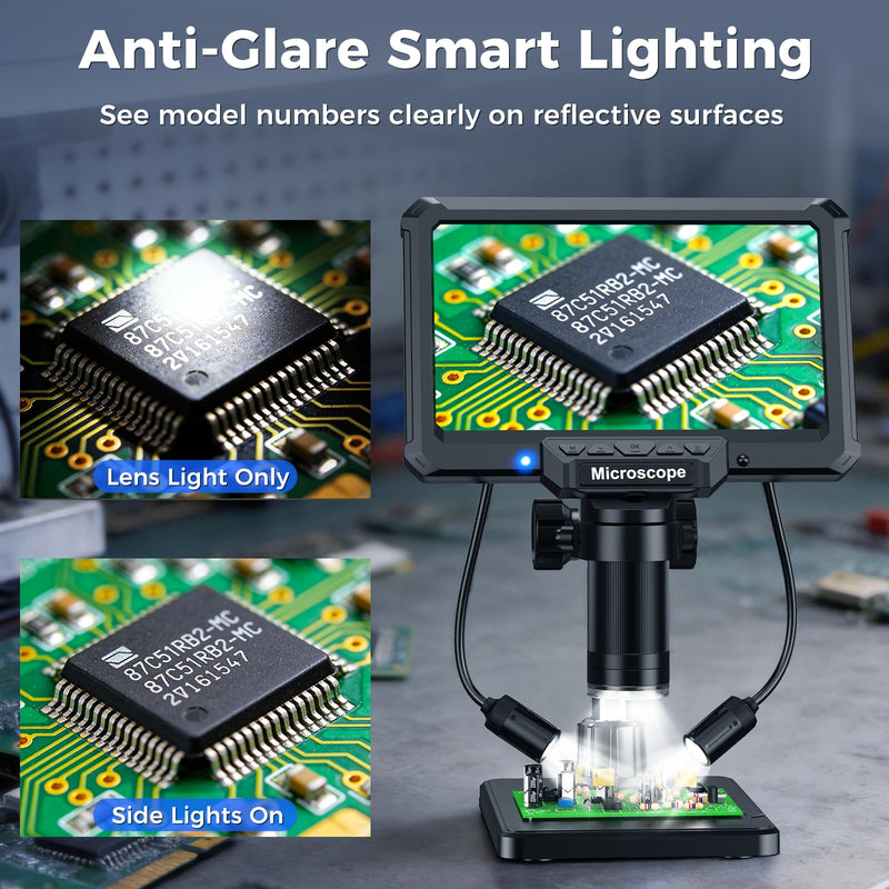 7" LCD Digital Soldering Microscope with Remote and Side Lights | For soldering and PCB inspection. 7" screen, remote and 2 side lights help reduce shake and shadows.