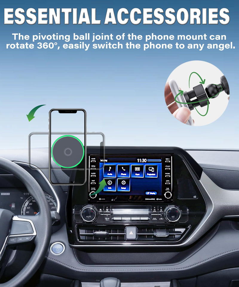 Car Phone Mount for 2020-2025 Toyota Highlander 8" Screen Accessories | MagSafe 15W Fast Wireless Charger Cell Phone Holder,360° Rotatable 3D Fit Navigation Clip-On Cradle,will Not Block Air Vents fit for 2020-2026 Toyota Highlander(8 Inch Screen)