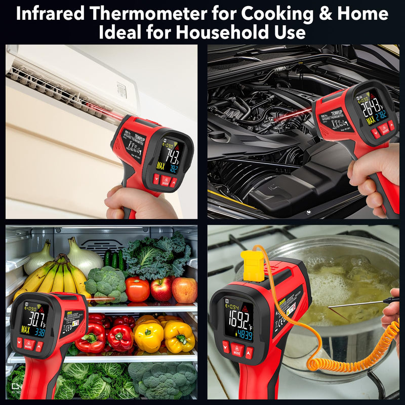 Infrared Thermometer Gun, Digital Laser Temperature Gun with Probe, -40°F~1472°F Non-Contact IR Thermometer with Adjustable Emissivity for Cooking, Pizza Oven, Griddle, Grill & Meat Red IR06 PRO -40℉~1472℉(-40℃~800℃)