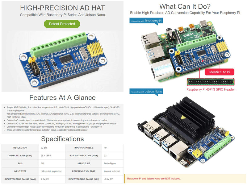 Waveshare High-Precision AD HAT, Compatible with Raspberry Pi 5/4B/3B/Zero/Zero W/Zero 2W/Pico/Pico W/Pico WH and Jetson Nano, ADS1263 10-ch 32-bit ADC