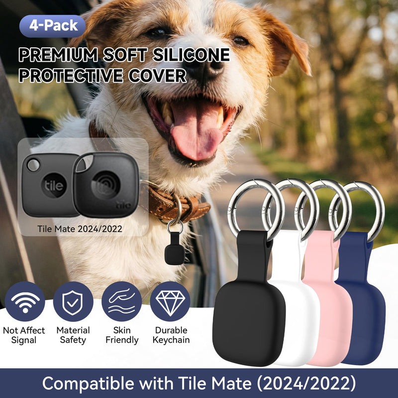 4-Pack Holder for Life360 Tile Mate 2024/2022 Tracker with Keychain | Soft Silicone Scratch Resistant Cover, Anti-Lost Case Accessories for Bag,Luggages,Keys,Pets,Dogs,Black/White/Pink/Dark Blue Black/White/Pink/Dark Blue