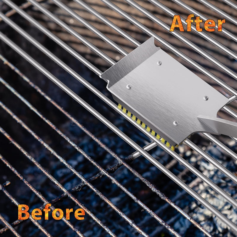 ENLOY Grill Brush and Scraper for Barbecue, 17" Grill Brush for Outdoor Grill, Extended Rosewood Handle and 2 Replaceable Copper Wire Brush Heads, Grill Cleaning Brush Grill Accessories for Most Grill Grill Brush & Scraper