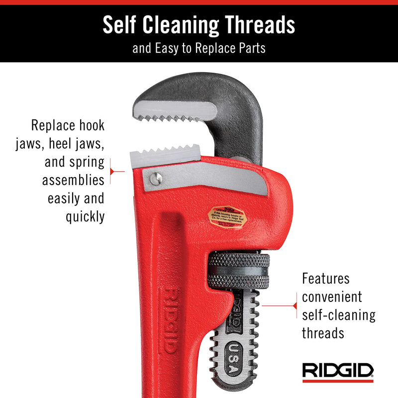 RIDGID 31010 Model 10 Heavy-Duty Straight Pipe Wrench, 10-inch Plumbing Wrench, Red, Black, 250mm (10in) 10" Durable, Heavy-Duty