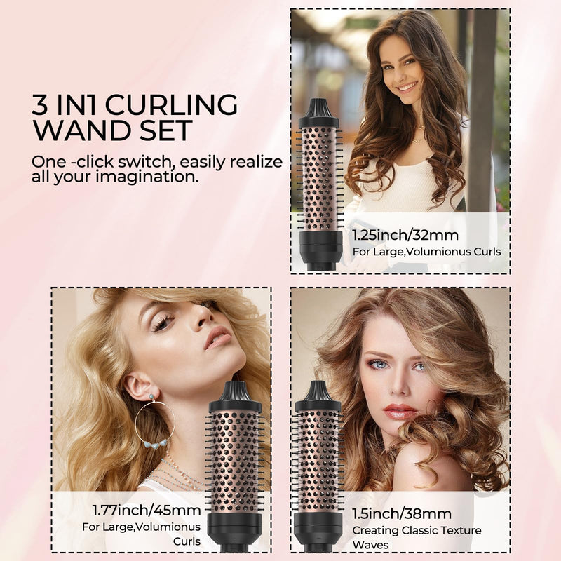 K&K 3 in 1 Ionic Heated Round Brush Curler, Ceramic Thermal Hair Brush Set | VERSATILE 3-IN-1 SET: Features 3 interchangeable barrels to create versatile curls, beachy waves, and instant root volume Black