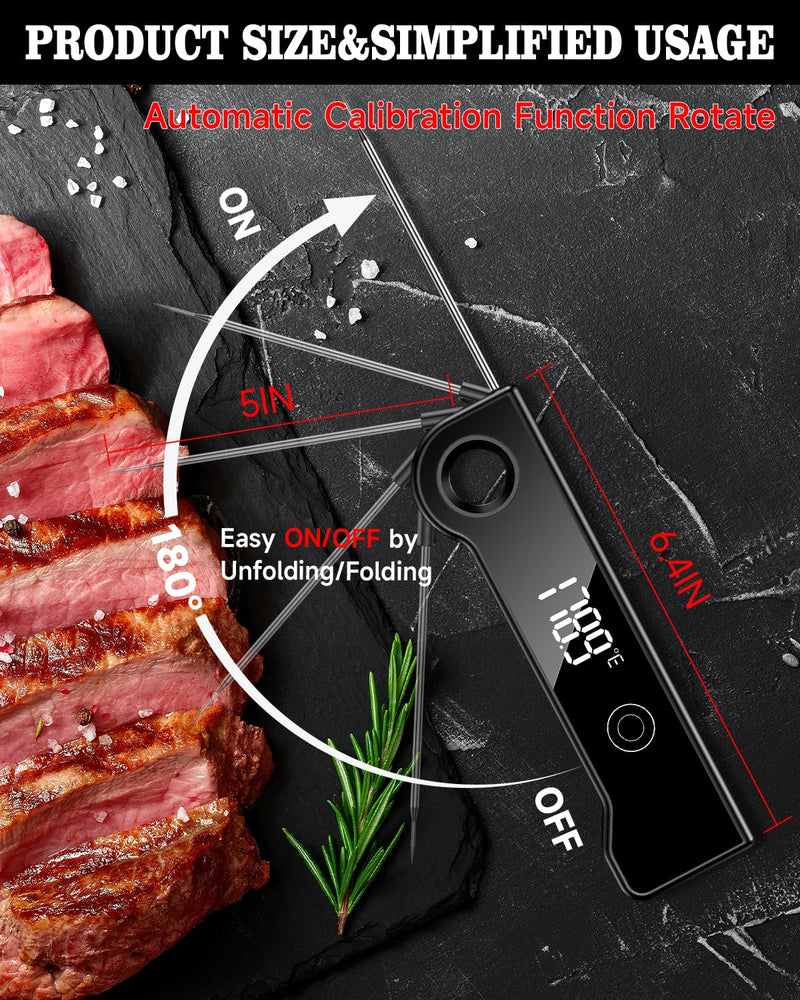 2025 Meat Thermometer Digital, ±0.5°F Accuracy Instant Read Thermometer180° Rotating Display, Calibratable and Auto Off, IP67 Waterproof Food Thermometer for Cooking,Grill,Oil Deep Fry, Brewing,Candy Black