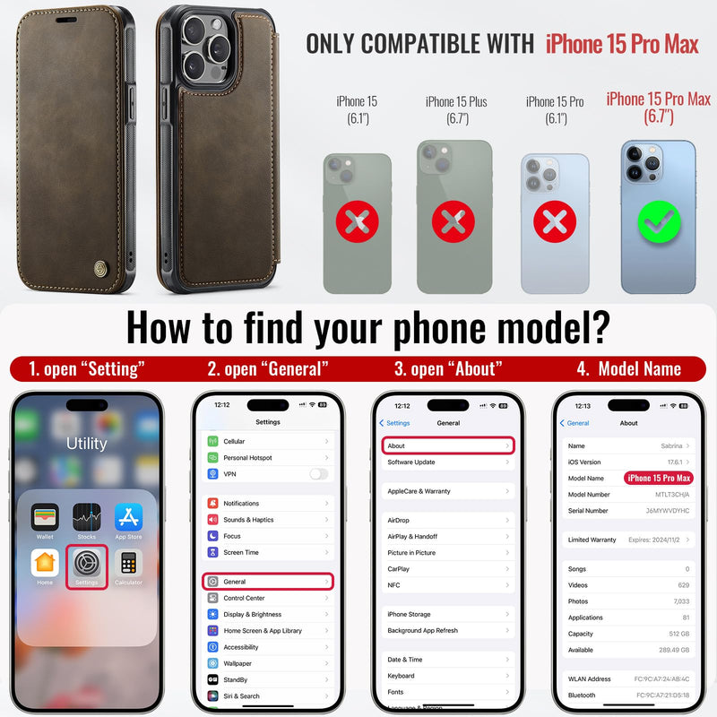 for iPhone 15 Pro Max Slim Wallet Case Wireless Charging, Brown | Compatible with Magsafe, RFID Blocking Card Holder, Magnetic Closure, Shockproof, PU Leather, Phone Flip Cover, for Men Women for iPhone 15 Pro Max