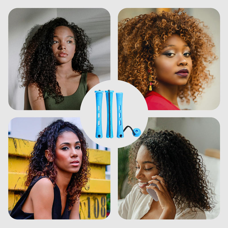 60 Small Size Hair Curlers, 0.35 Inch Rollers, Blue Perm Rods, Home Perm Kits for Women & Men, Natural to Long Hair Styling Tool