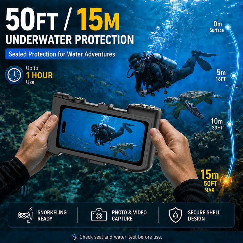 Waterproof Phone Case for Snorkeling, 50FT/15M Underwater Housing with Bluetooth Remote Shutter, Diving Case for iPhone 17 16 15 14 Samsung Galaxy S26 S25, Fits up to 7.3 Inch (Black) 3RD SSK Black