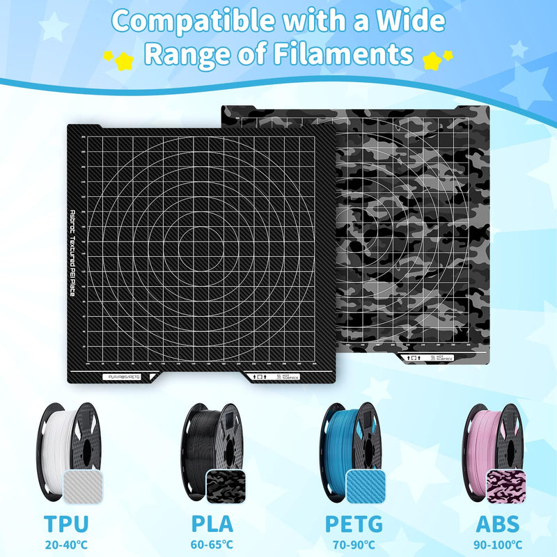 Camouflage and Carbon Fiber Pattern Transfer to Prints, 3D Printer Build Plate Compatible with Bambu-Lab H2D, Strong Adhesion and Easy Release Spring Steel Sheet