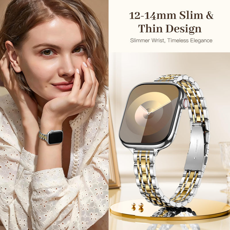 Lerobo Slim Metal Band Compatible with Apple Watch Bands for Women 40mm 41mm 42mm 38mm 44mm 45mm 46mm 49mm,Thin Elegant Stainless Steel Strap for iWatch Series 11 10 9 8 7 6 5 4 3 2 1 SE Ultra Silver Gold 38mm/40mm/41mm/(42mm-series 11 10)